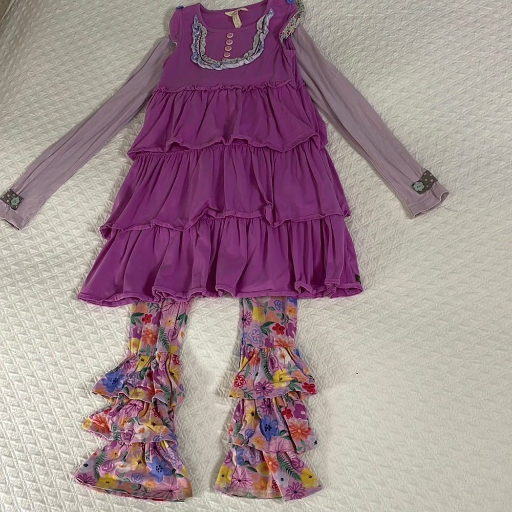 Matilda Jane 3 piece ruffle pants tiered dress top & layering shirt floral 8